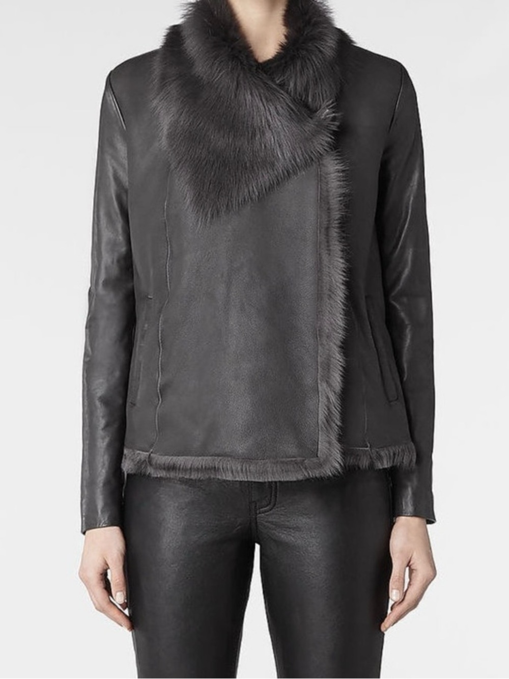 AllSaints Oakes Lamb Leather Real Fur Gray Long Sleeve Jacket S (4)